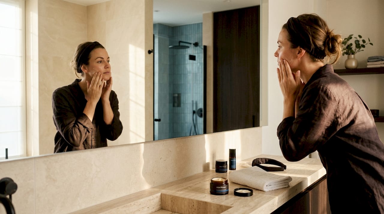 Een vrouw brengt haar huidverzorgingsroutine aan in een lichte, moderne badkamer.