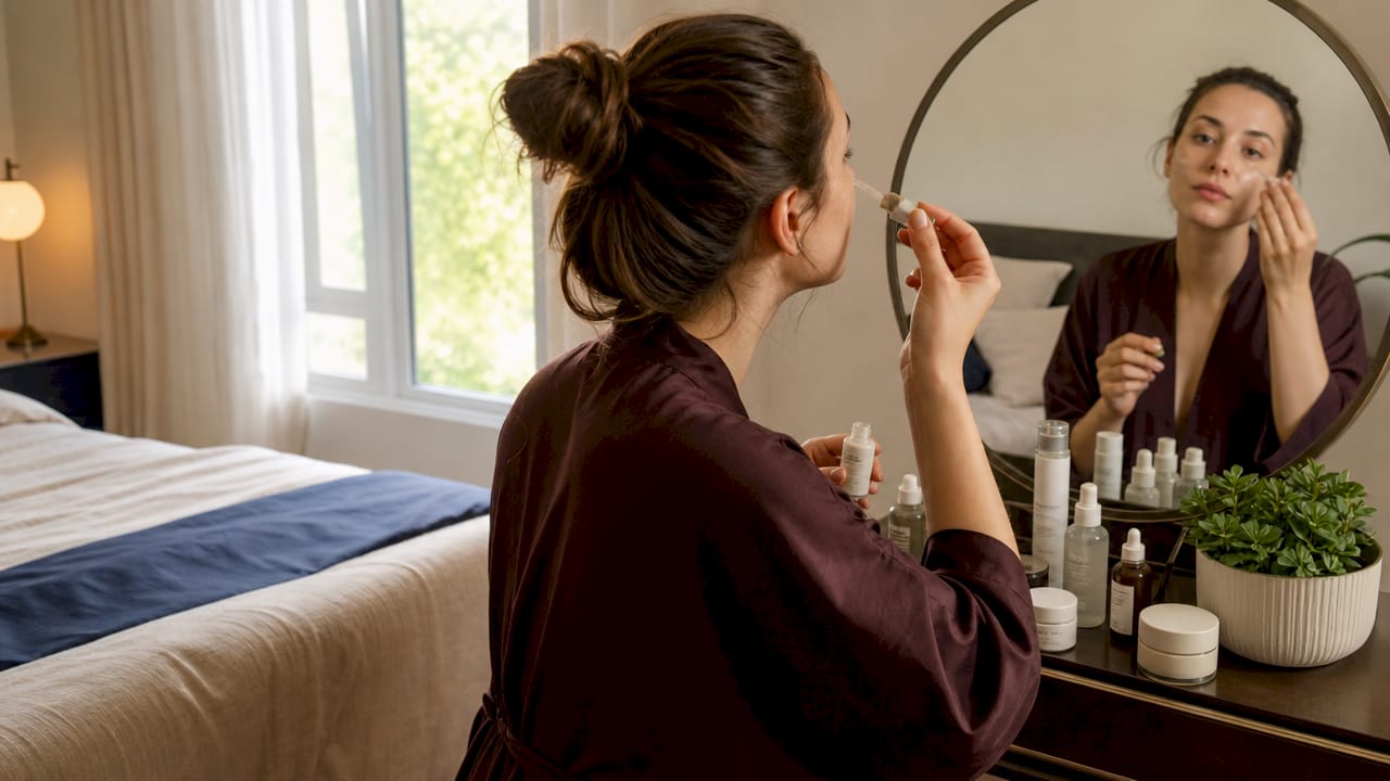 Elke ochtend brengt een vrouw haar serum aan voor de spiegel in de badkamer.