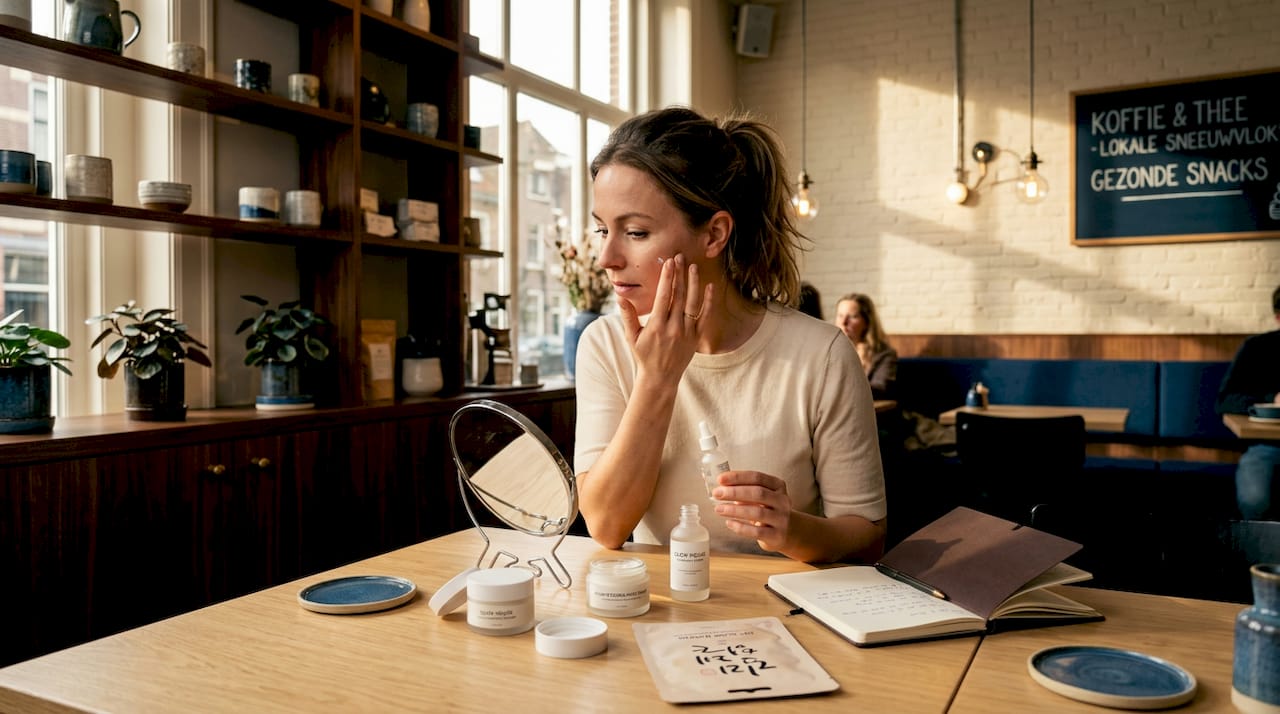’s Ochtends aan de eettafel verzorgt een vrouw haar huid in het zachte ochtendlicht.