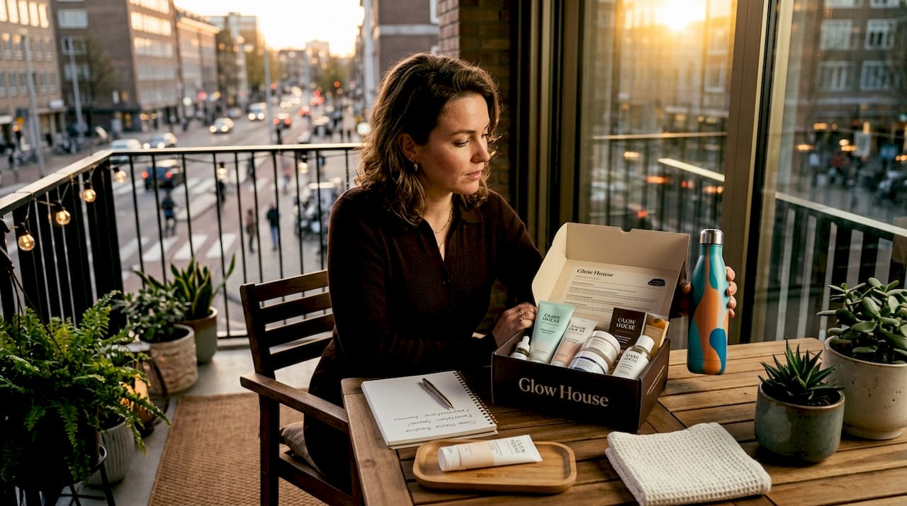 Vrouw houdt haar skincare routine in de woonkamer