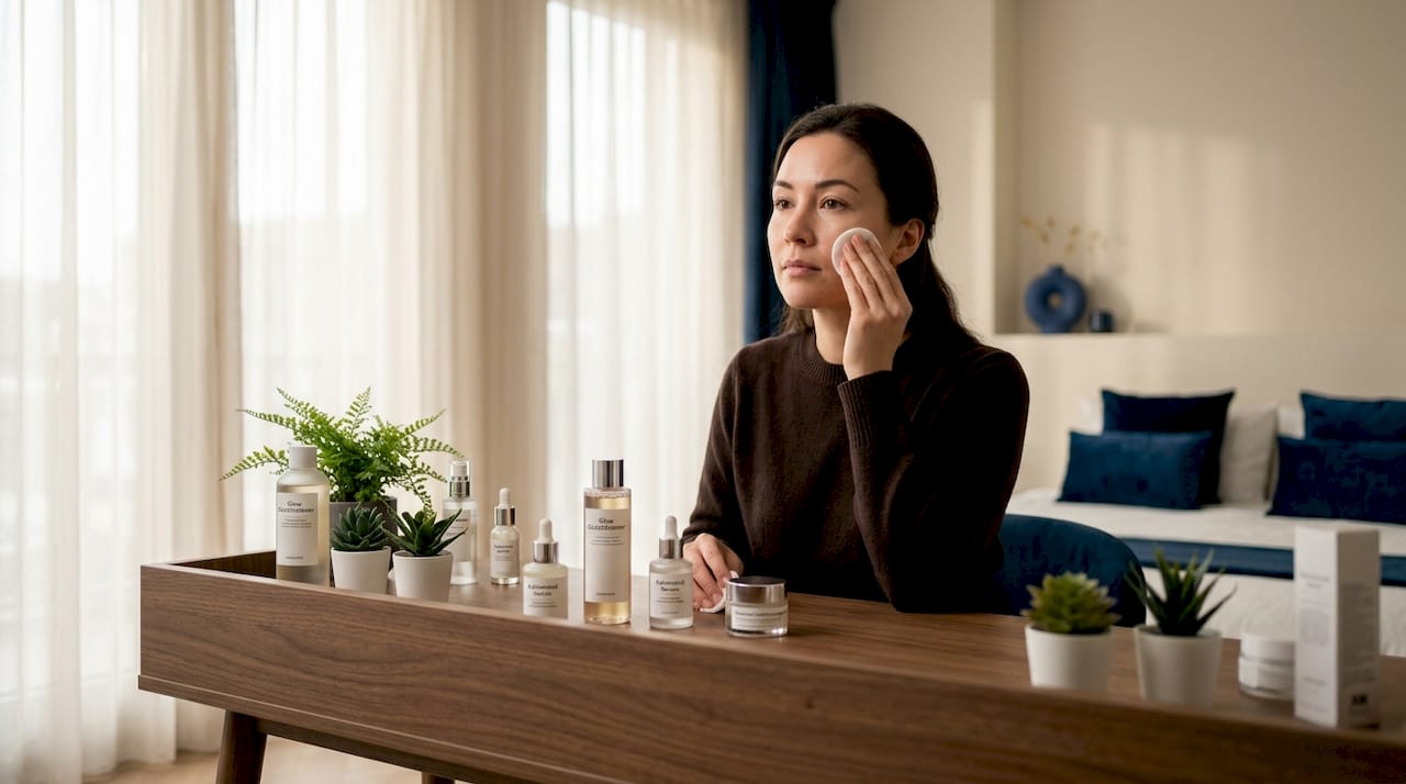 Een vrouw brengt een Koreaanse toner aan als onderdeel van haar huidverzorgingsroutine.