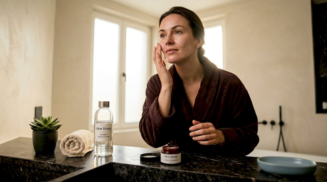 Een vrouw begint haar dag met het aanbrengen van een hydraterende crème in de badkamer.