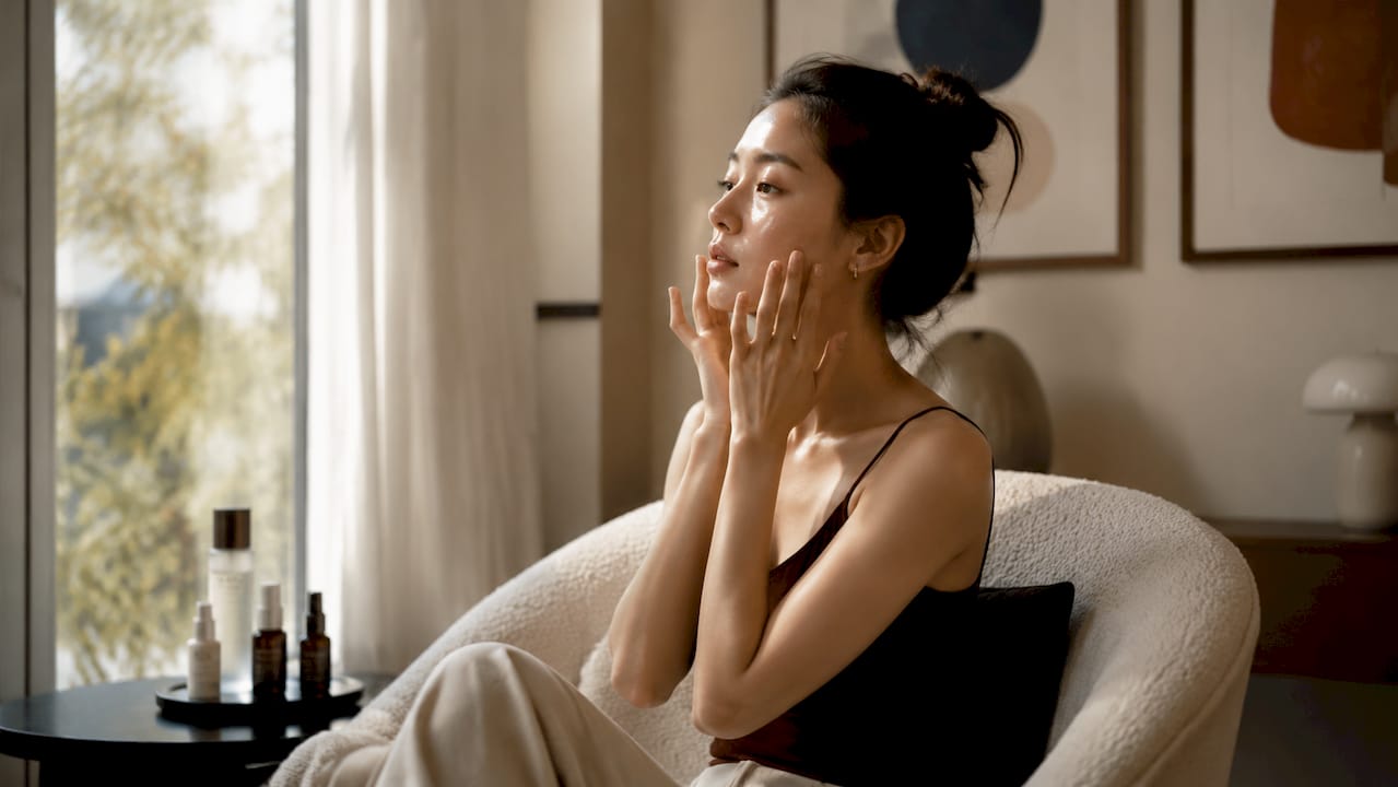 Een vrouw smeert een hydraterend serum op haar gezicht voor een stralende, egale huid.