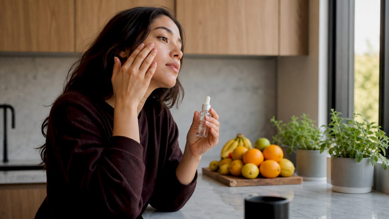 Een vrouw brengt een verzorgende essence aan op haar gezicht terwijl ze voor de spiegel in de badkamer staat.